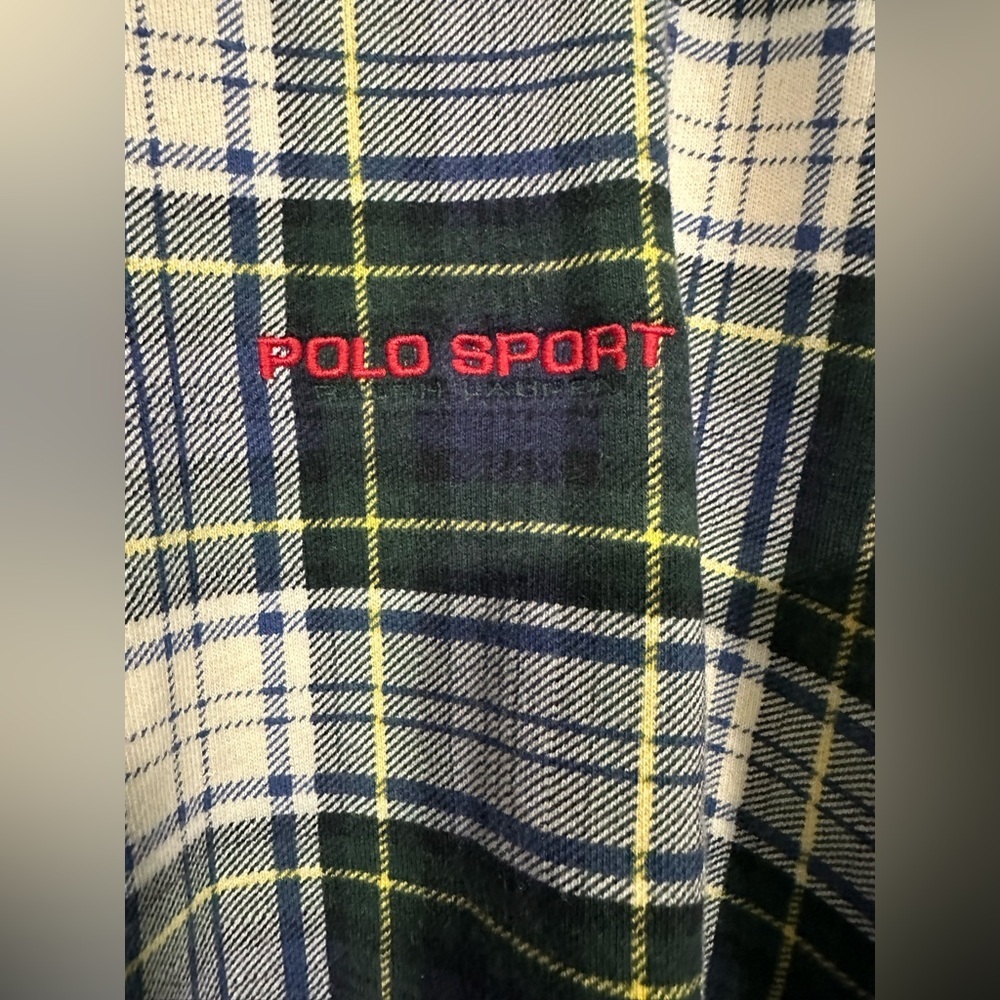 Vintage POLO Sport RALPH LAUREN Men's L Pullover Sweatshirt Plaid Green Blue - Picture 3 of 6